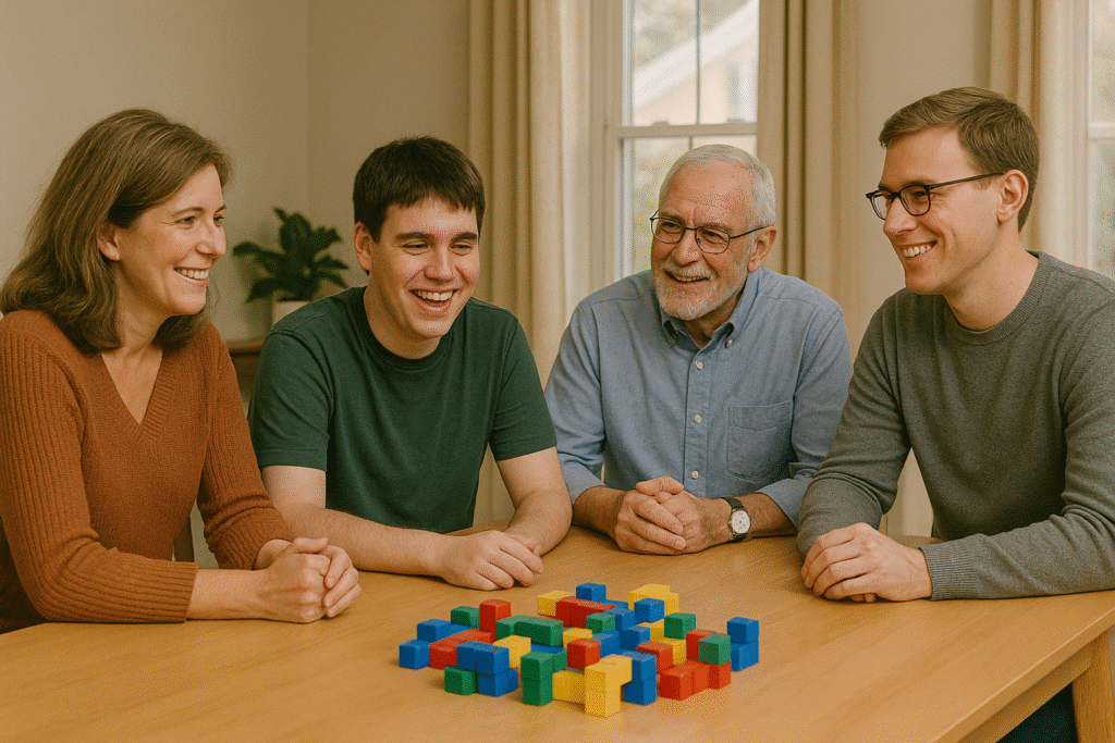 ouders en grootouder met autistisch kind met blokken aan tafel